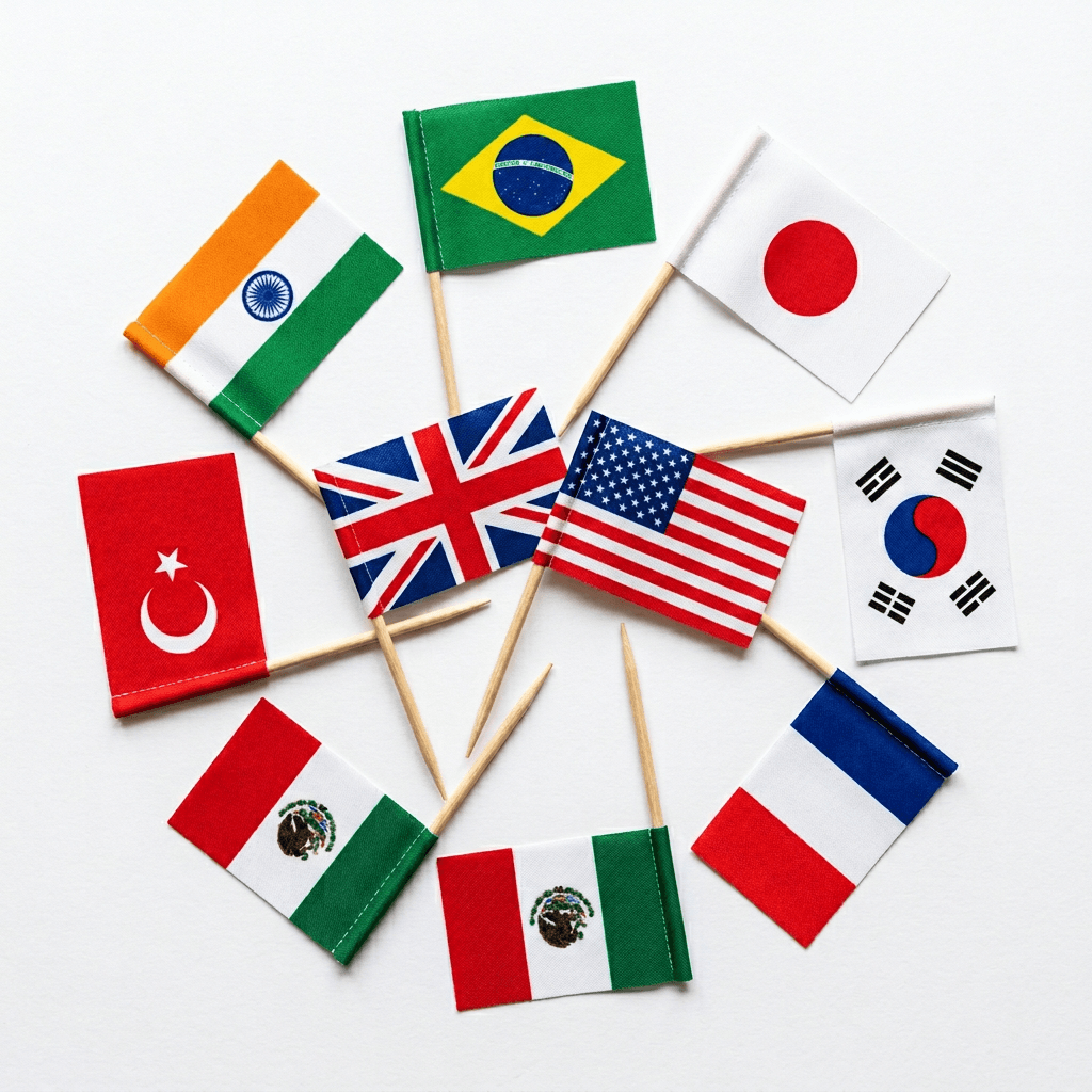 International flags representing diverse English learners from around the world