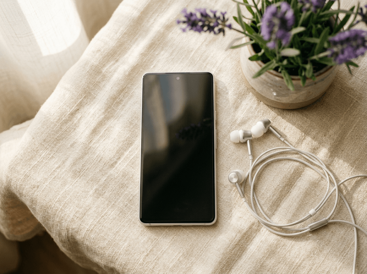 iPhone and earbuds ready for an AI English speaking practice session