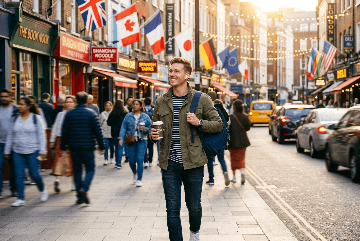Confident English learner practicing speaking with AI tutor through earbuds while walking in the city