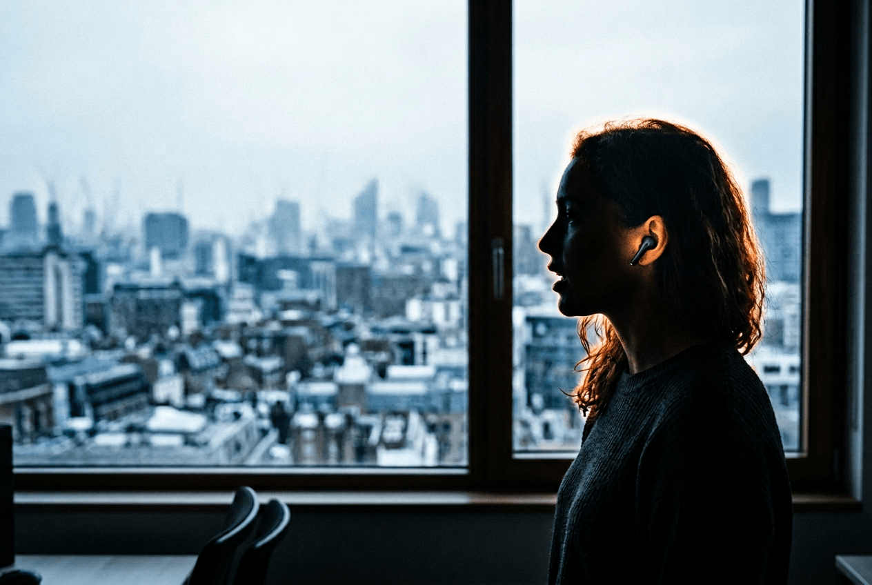 English learner speaking practice in a private comfortable moment with wireless earbuds