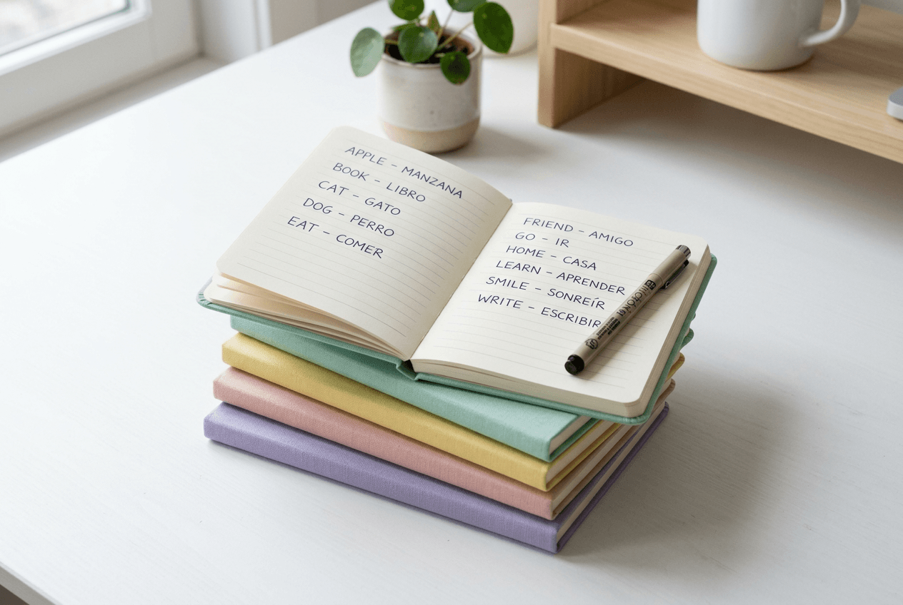 Organized vocabulary notebooks showing English language learning progress over time