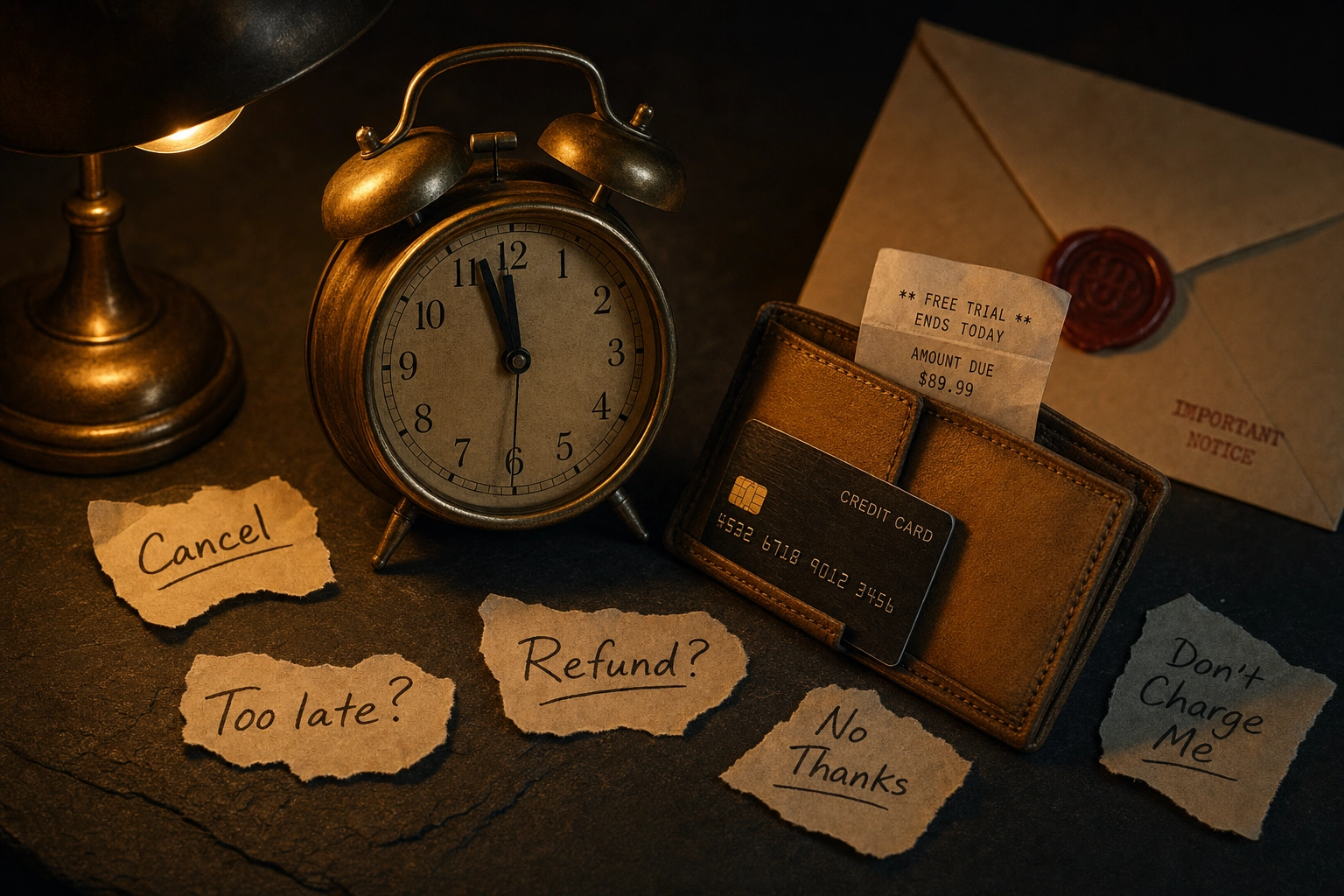 Vintage alarm clock at almost midnight beside open wallet and receipt fragments, symbolizing Praktika free trial conversion deadline