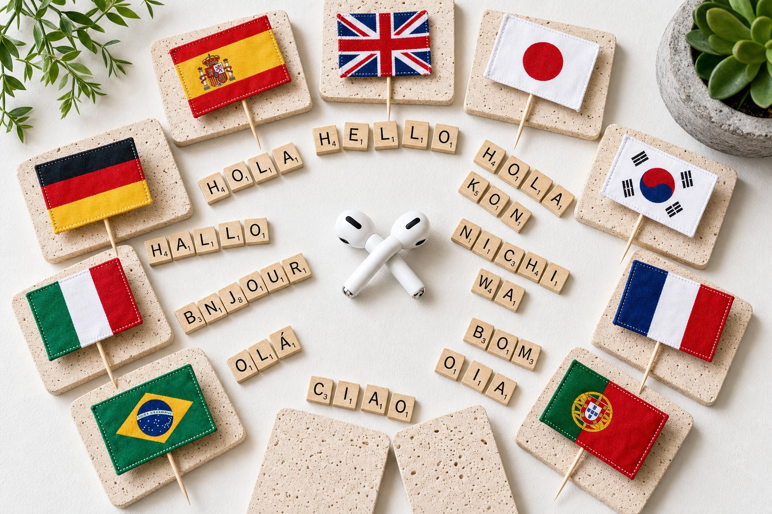 Overhead flat-lay of nine national flags arranged around wireless earbuds representing Praktika's multi-language support