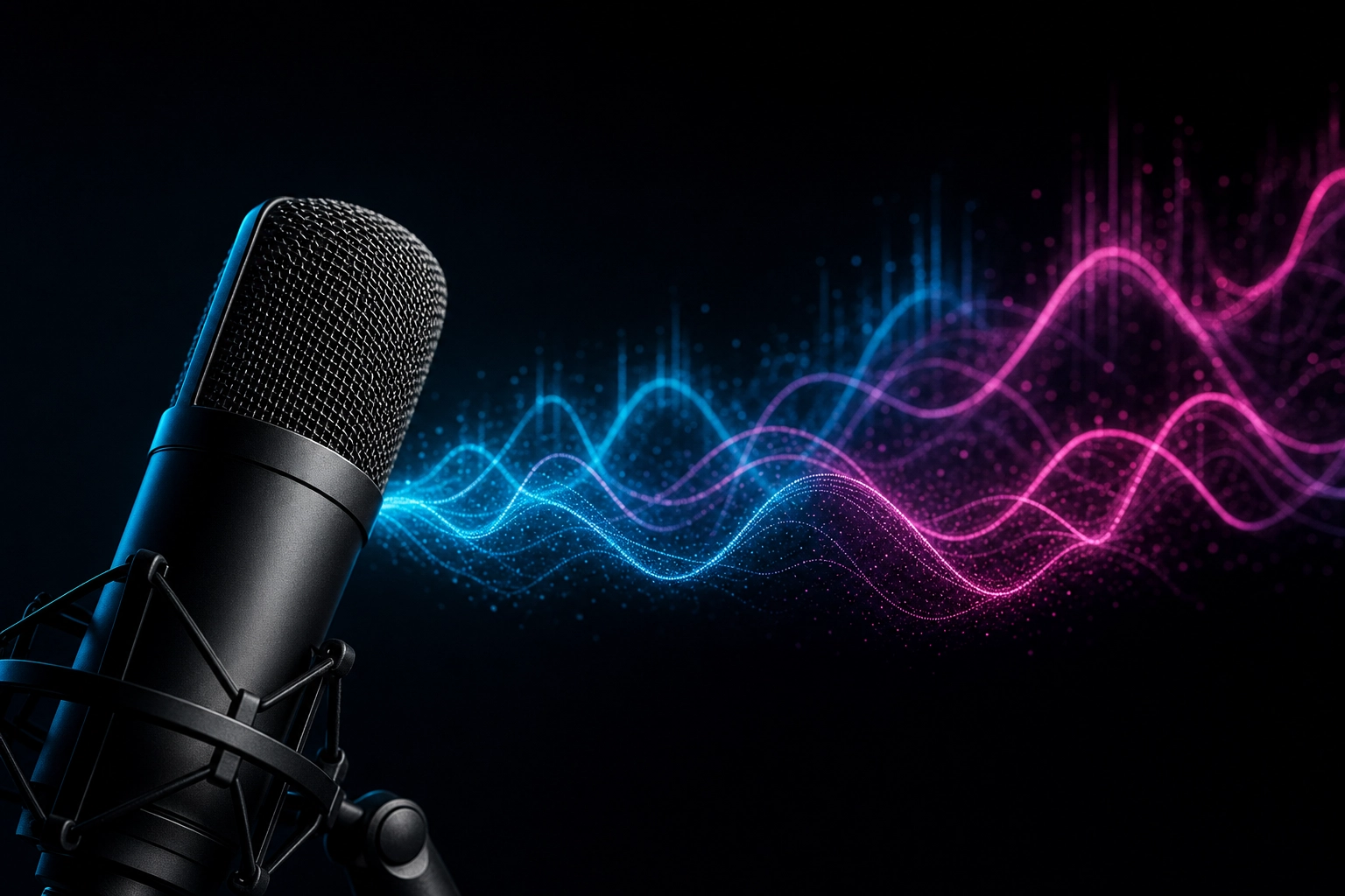 Professional microphone with glowing sound wave visualization representing AI pronunciation feedback scoring technology