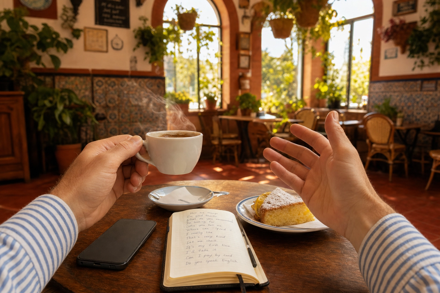 Close-up of hands gesturing during English conversation practice at a sunlit Spanish cafe, representing real-world AI language tutor use