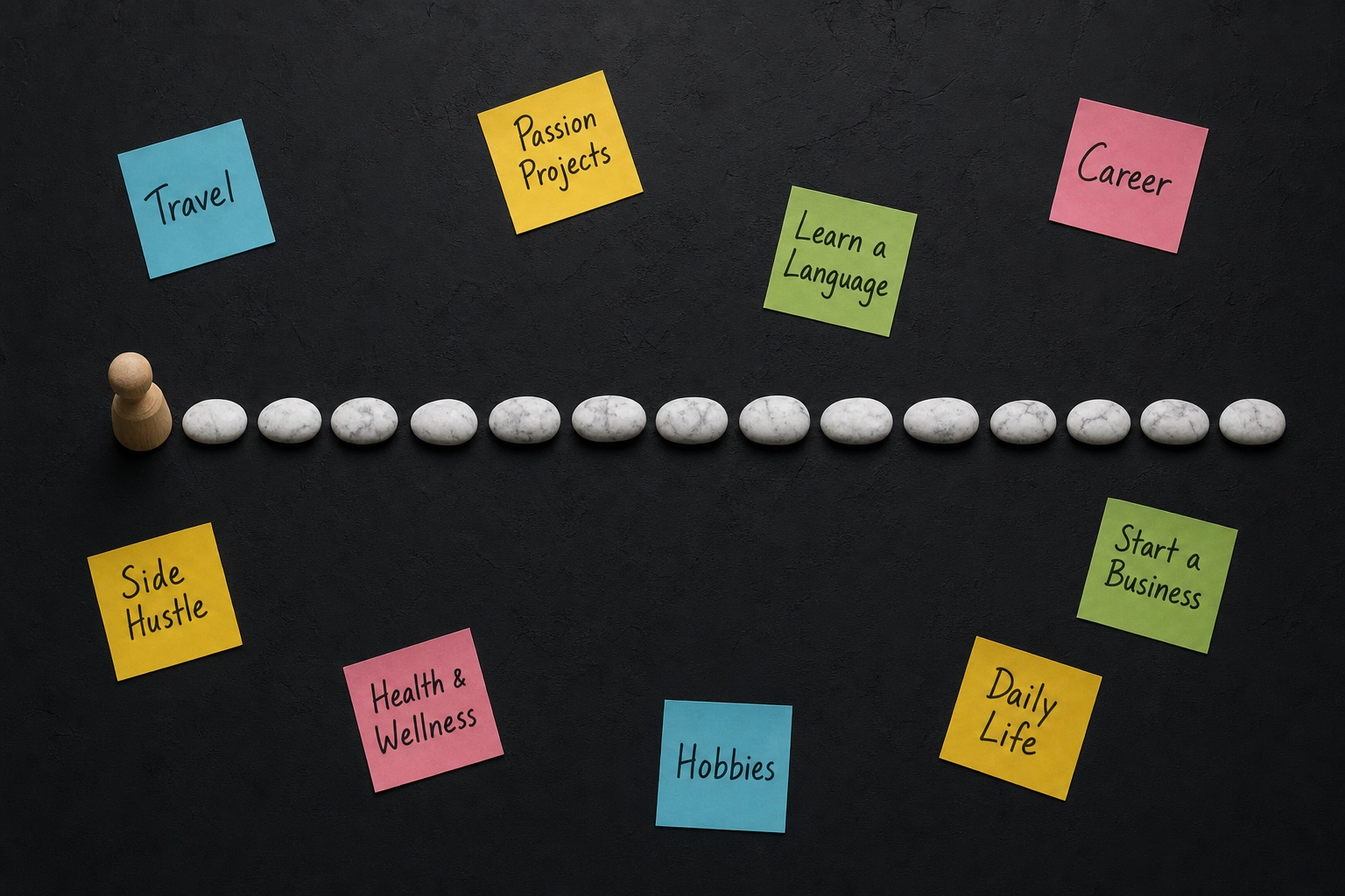 Overhead flat-lay showing a rigid linear stone path with unreachable goal notes, representing Praktika's locked learning paths