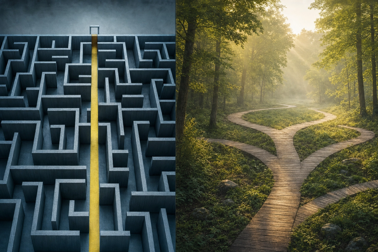 Split-frame comparison showing constrained wooden maze beside open forest path, contrasting Praktika scripted lessons with free conversation