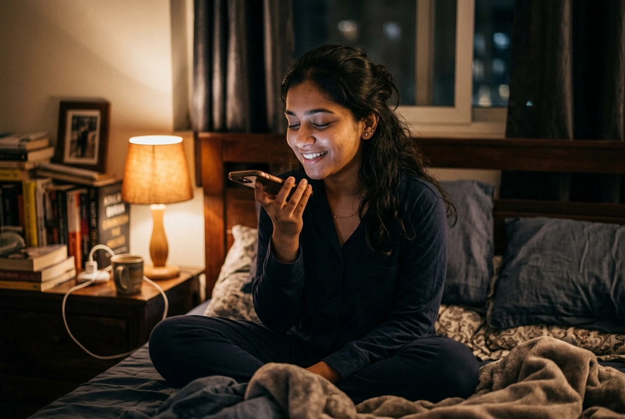 Mulher a praticar inglês confortavelmente com tutor de IA sozinha no quarto à noite