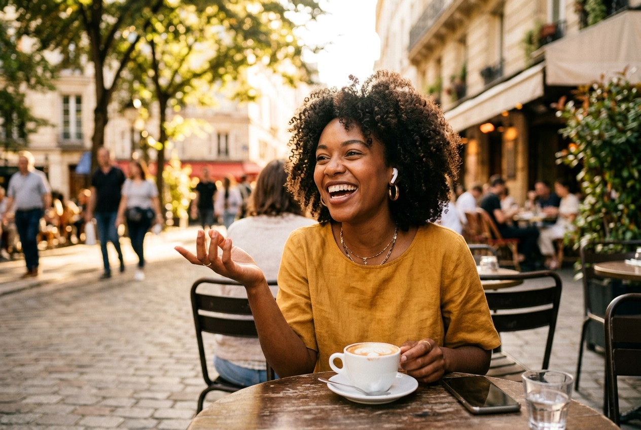Mulher confiante a falar inglês fluentemente num café ao ar livre depois de praticar com tutor de IA