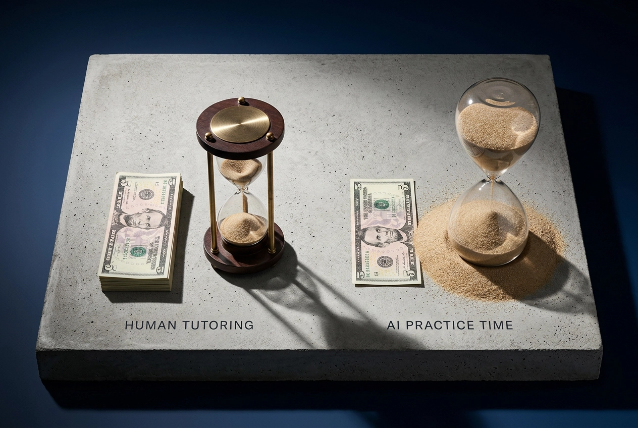 Comparação de custos a mostrar a diferença de valor entre uma aula com tutor humano e prática ilimitada de inglês com IA