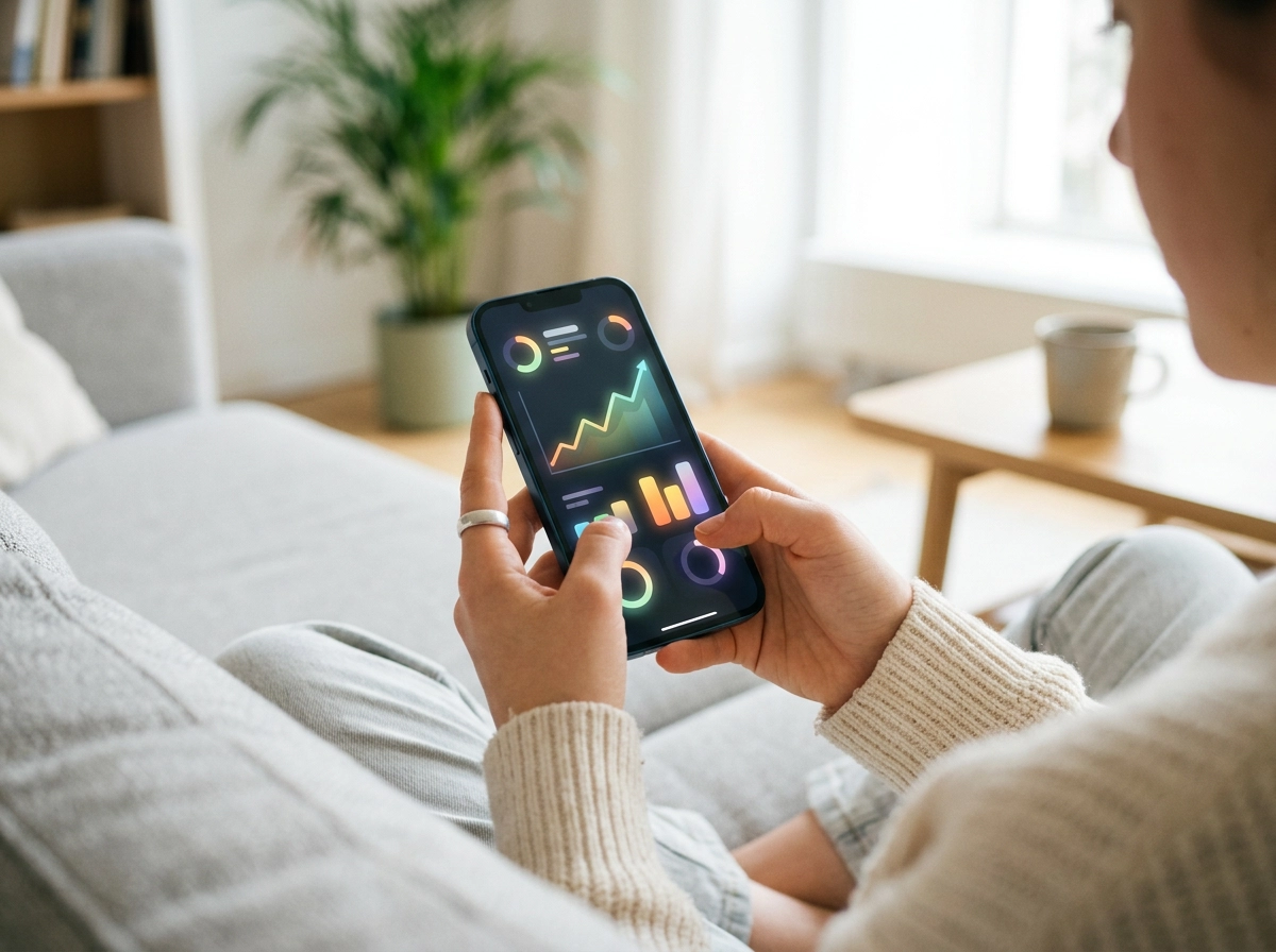 Mãos a segurar smartphone a mostrar gráficos de progresso na aprendizagem de inglês e crescimento de vocabulário