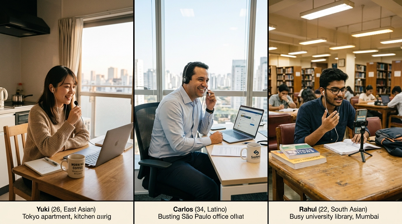 Alunos de inglês pelo mundo a praticar conversação de forma independente em Tóquio, São Paulo e Mumbai