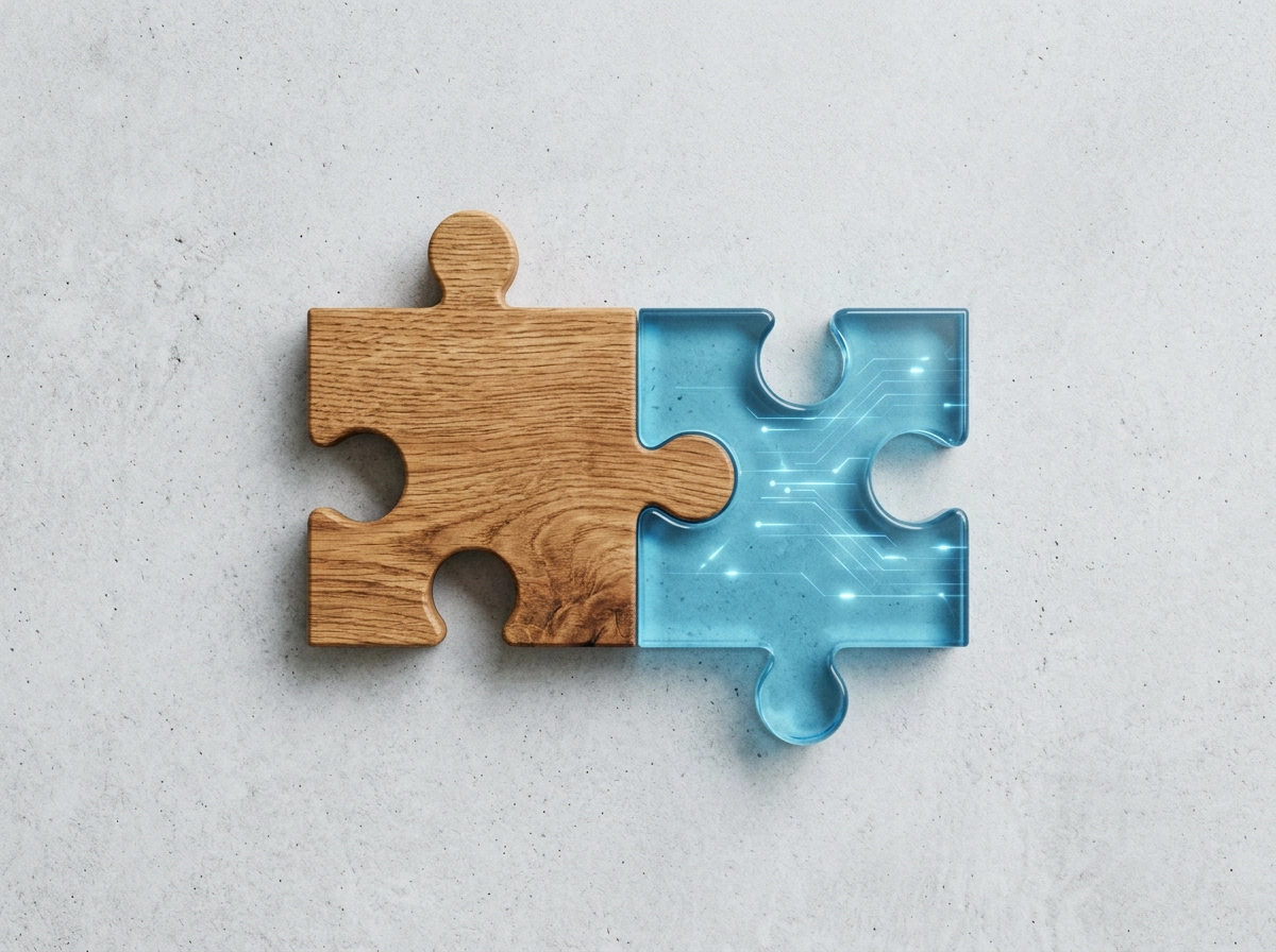Duas peças de puzzle a combinar madeira e vidro a simbolizar a tutoria humana e a prática com IA a trabalharem juntas