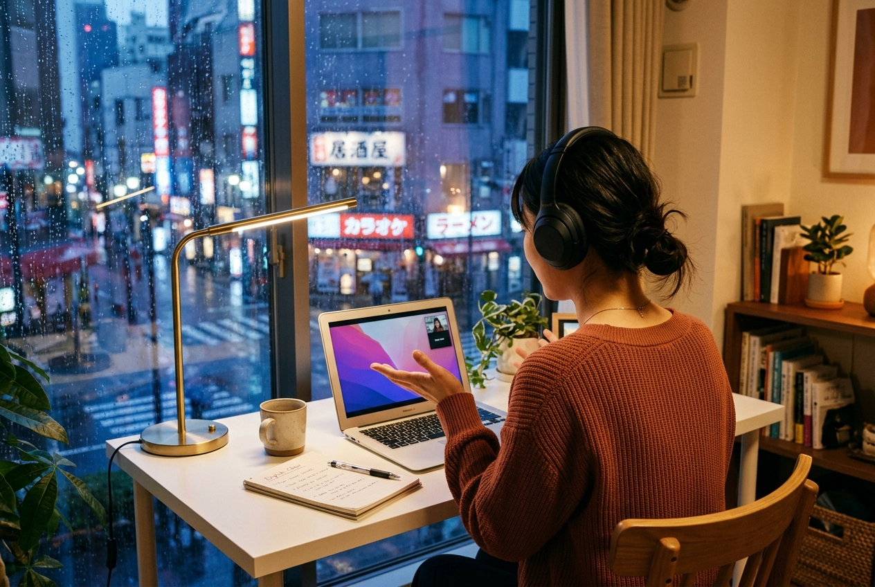 Estudante a ter aula de inglês online a partir do escritório em casa com vista para a paisagem urbana de Tóquio ao entardecer