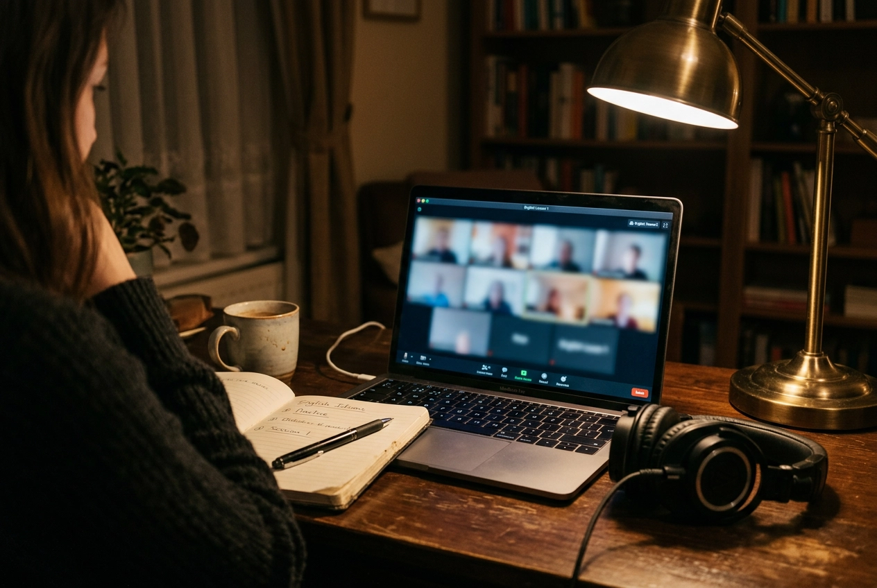 Configuração de escritório em casa para aula de inglês online com portátil a mostrar interface de videochamada