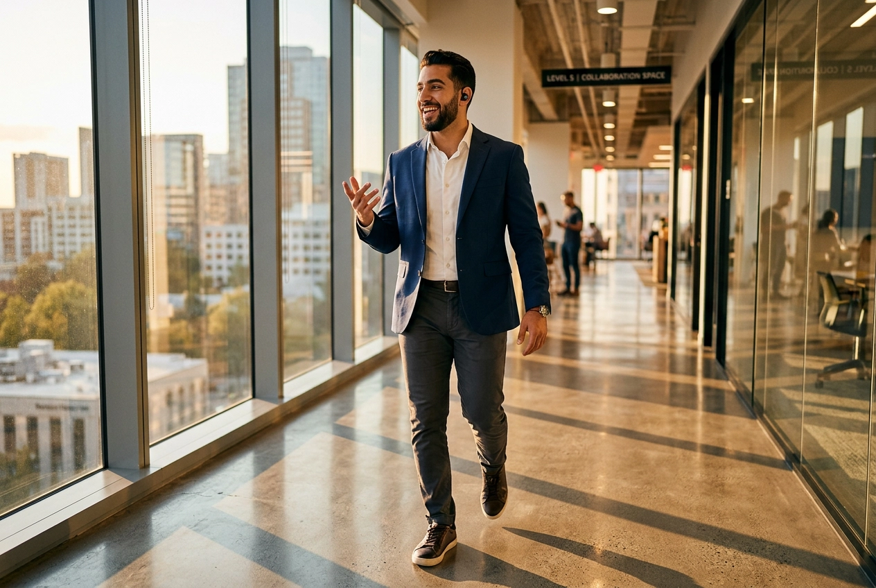 Homem profissional a praticar inglês com tutor de IA através de auriculares durante o trajeto para o escritório