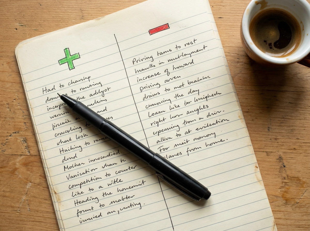 Lista manuscrita de prós e contras para escolher entre tutoria humana no Preply e prática de inglês com IA