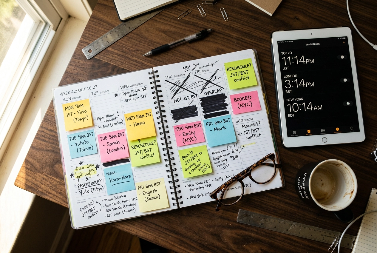 Agenda semanal a mostrar agendamento complexo de aulas de inglês com tutores em múltiplos fusos horários