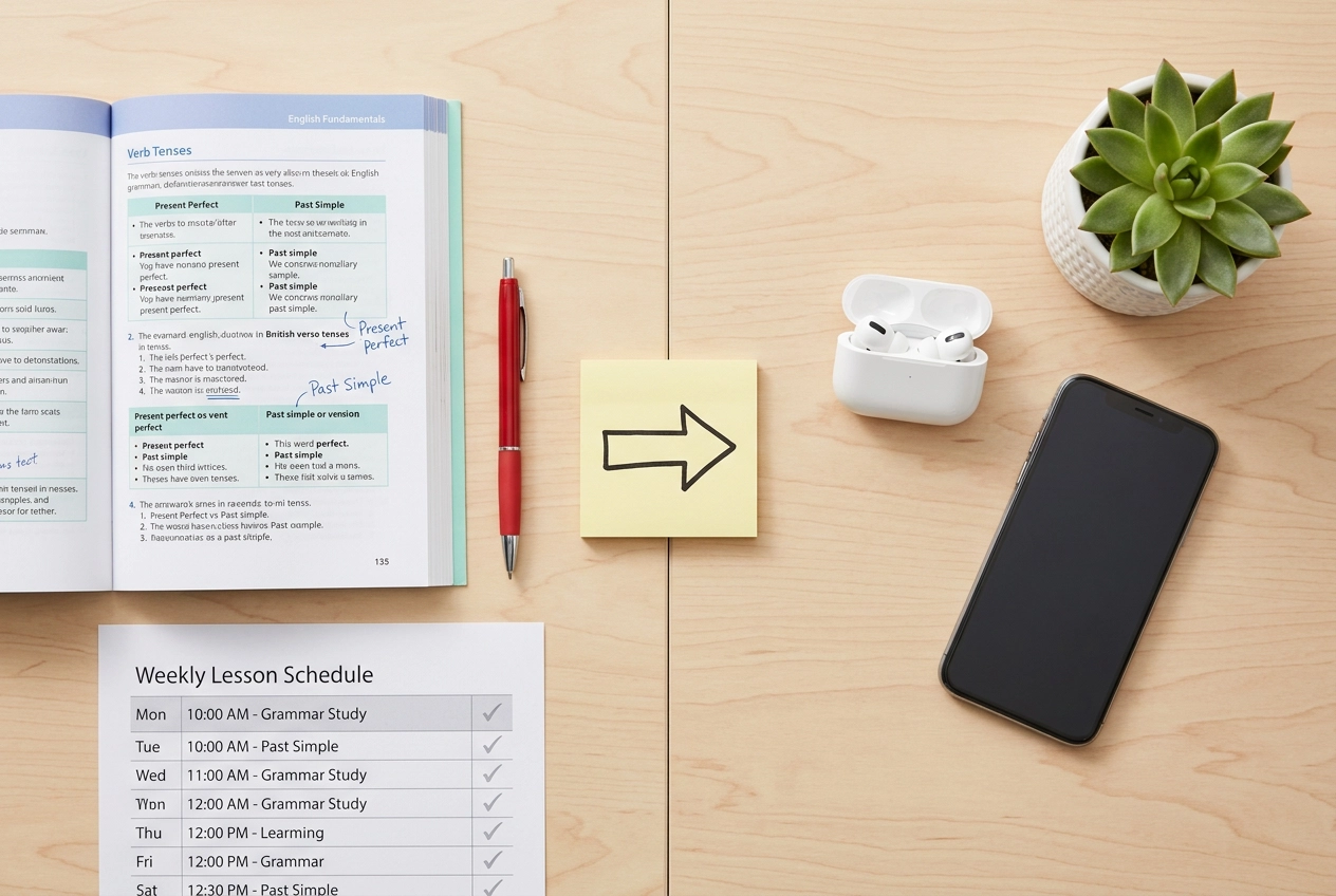 Vista de cima a comparar materiais tradicionais de aulas de inglês com ferramentas modernas de tutor de IA na secretária