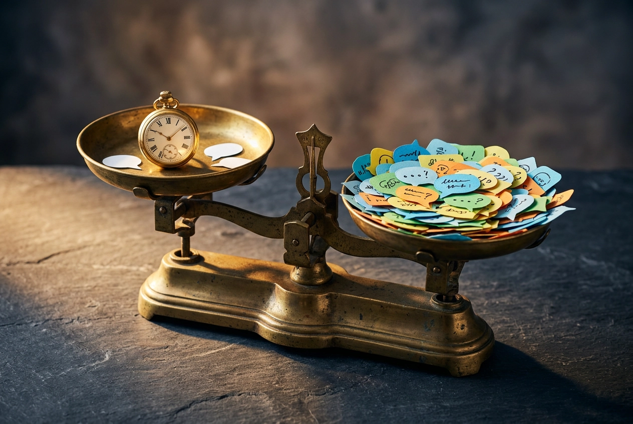 Balança a comparar horas limitadas de tutoria humana com conversas ilimitadas de prática de inglês com IA