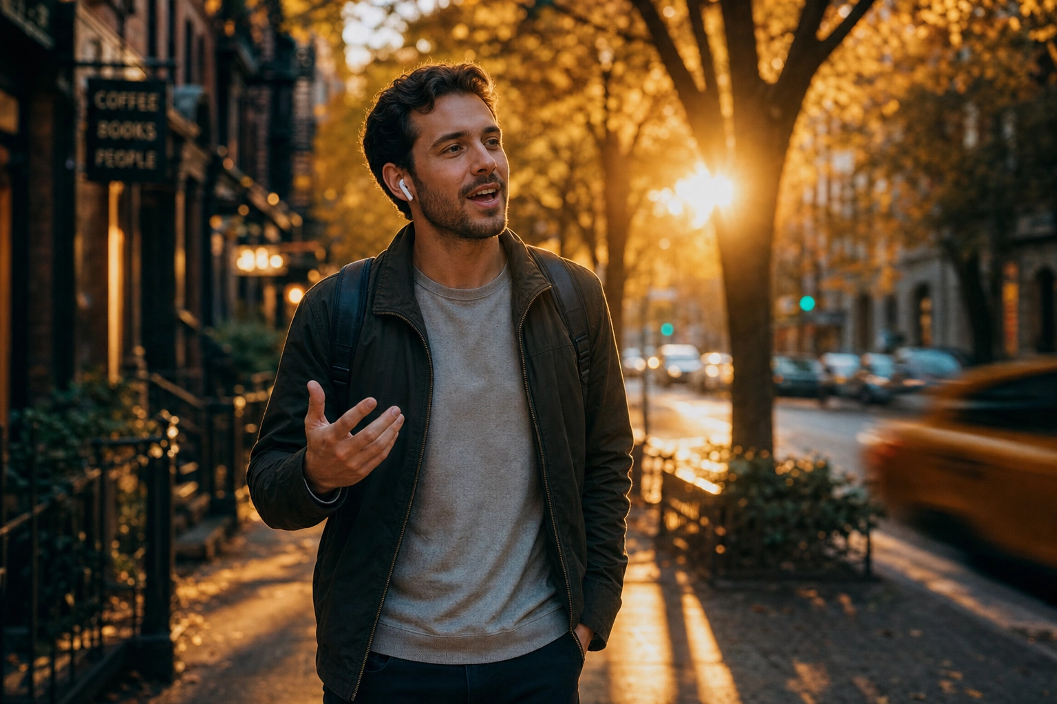 Man walking outdoors at sunset talking through earbuds, illustrating unlimited 24/7 judgment-free AI English speaking practice anywhere