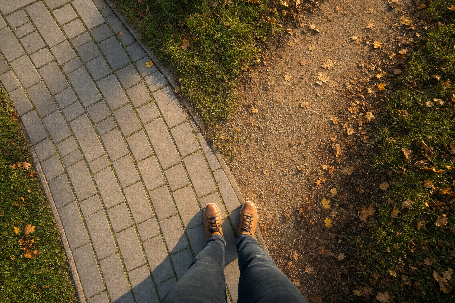 Overhead view of feet at a path splitting into a neat paved route and a winding trail, symbolizing choosing structured Preply or flexible italki