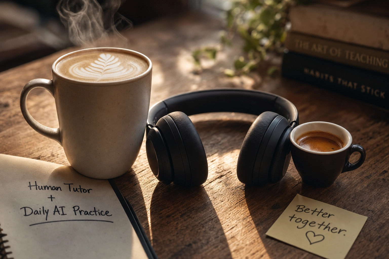 Two coffees linked by headphones in warm light, symbolizing combining human tutors with daily AI English practice for the best results
