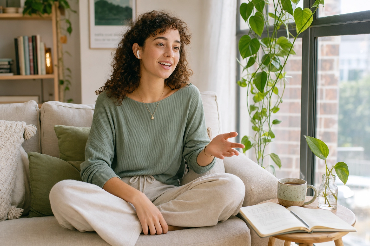 Relaxed learner on a sunlit sofa speaking English in a low-pressure session, representing italki's flexible pay-as-you-go tutoring