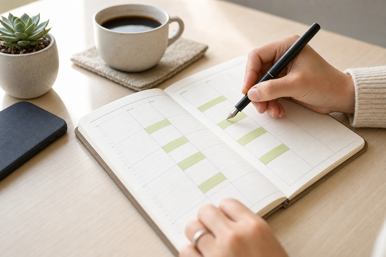 Hands marking recurring weekly lesson slots in a paper planner, representing Preply's structured weekly subscription tutoring routine