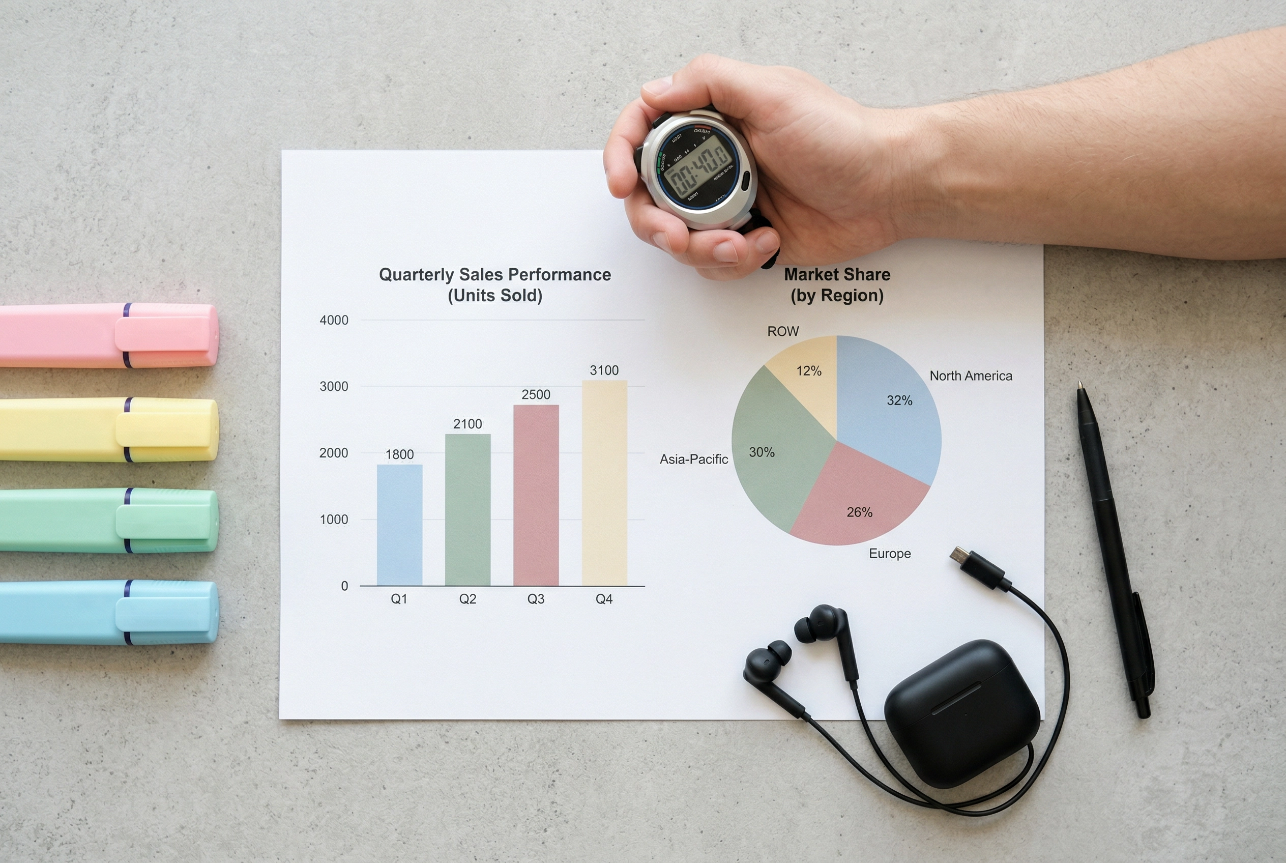 Materi latihan PTE Describe Image dengan diagram, stopwatch, dan stabilo di atas meja