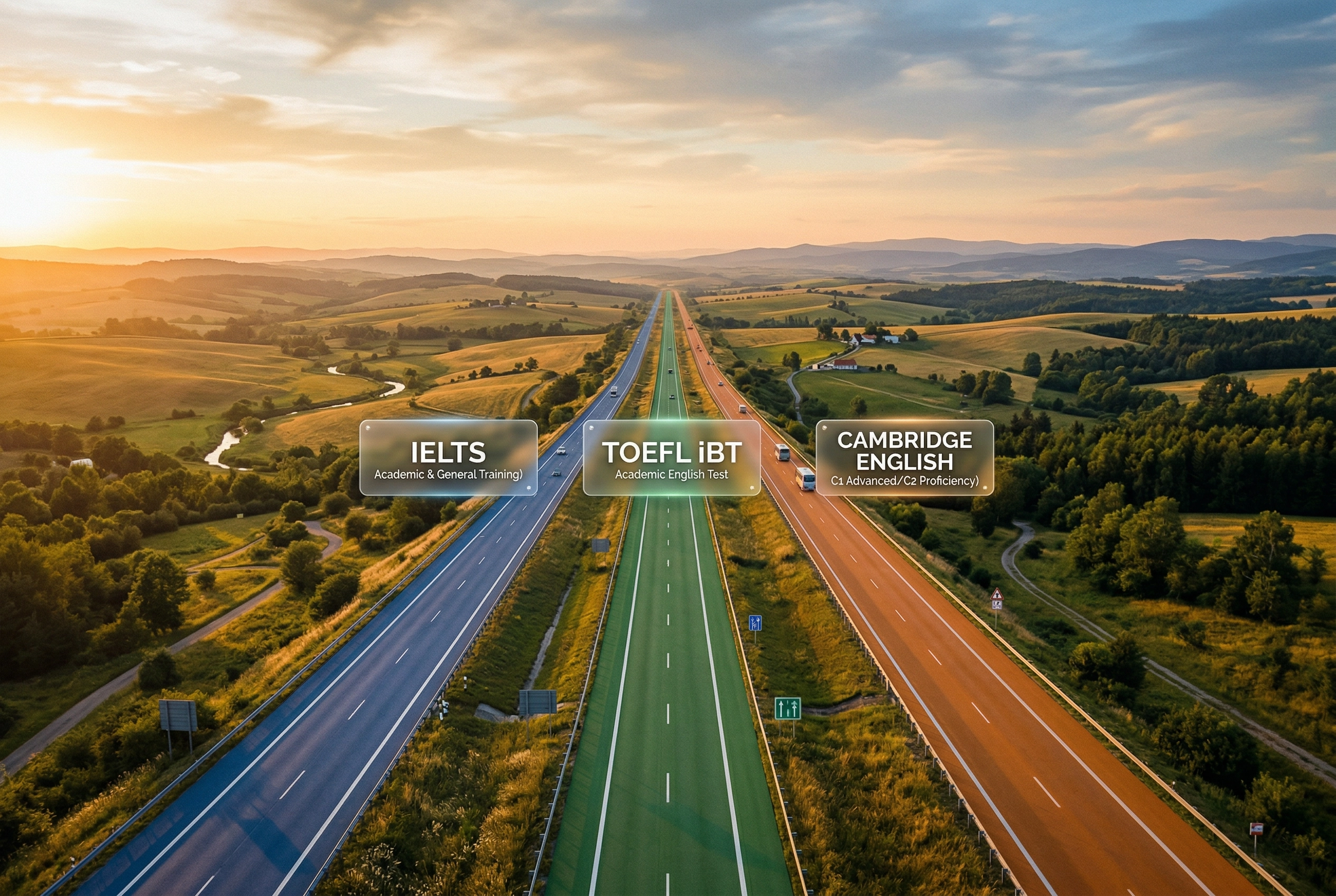 Tiga jalur berbeda yang mewakili perbandingan format tes speaking PTE vs IELTS vs TOEFL