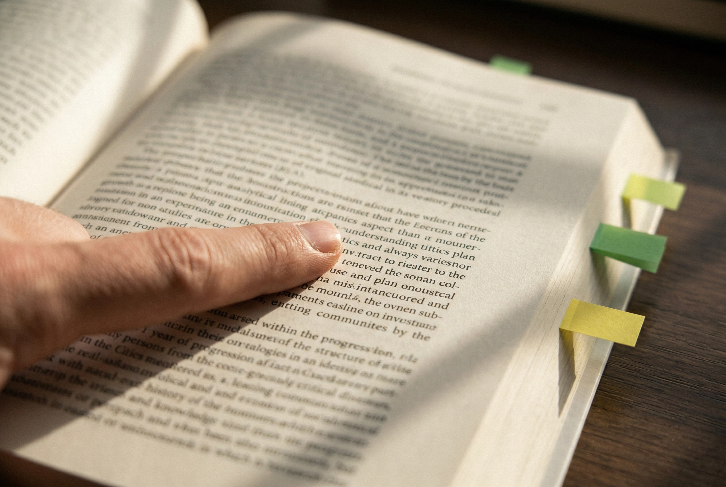 Close-up jari memindai teks akademik untuk latihan PTE Read Aloud dengan teknik chunking