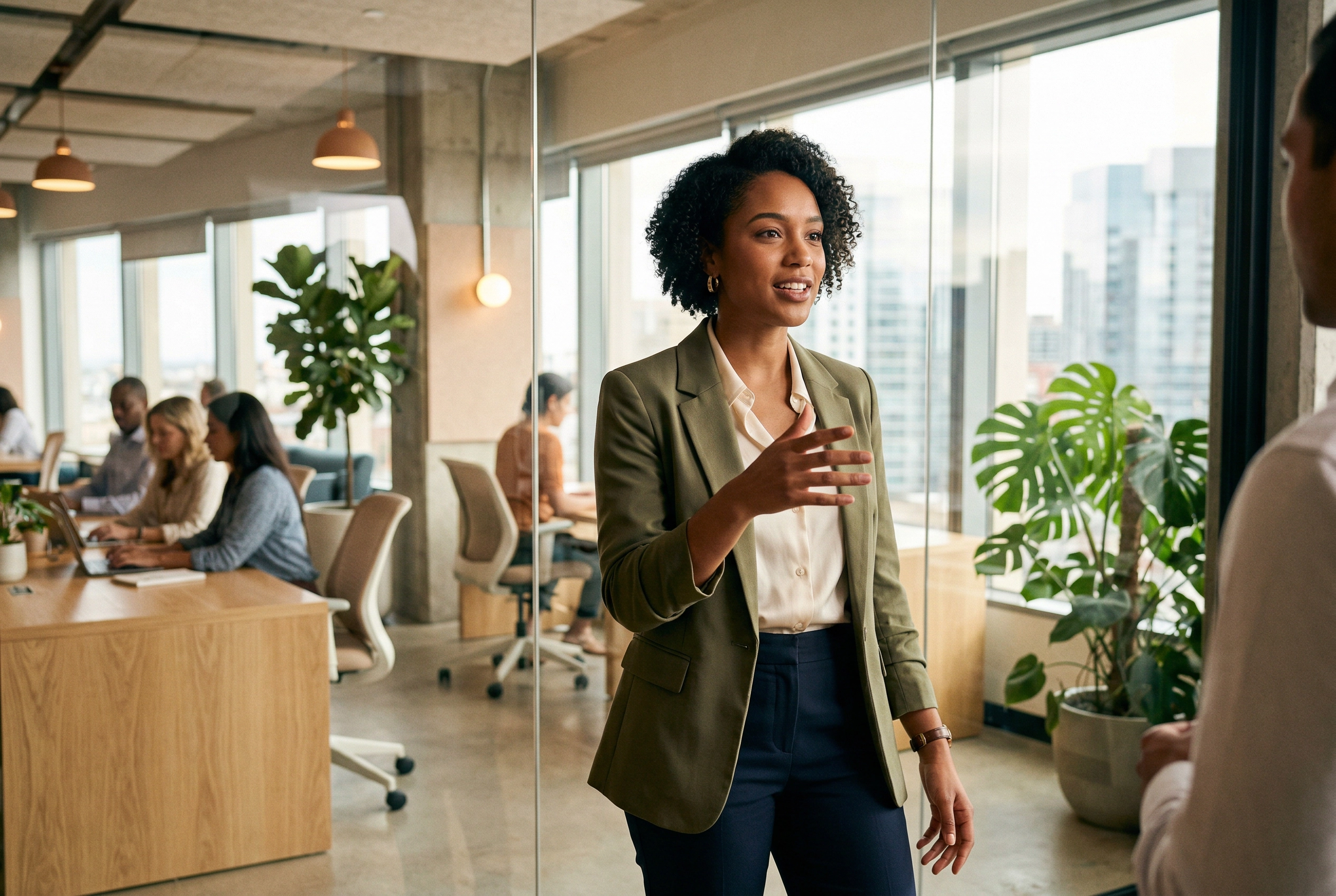Wanita profesional berlatih respons berbicara bahasa Inggris situasional di ruang kerja modern