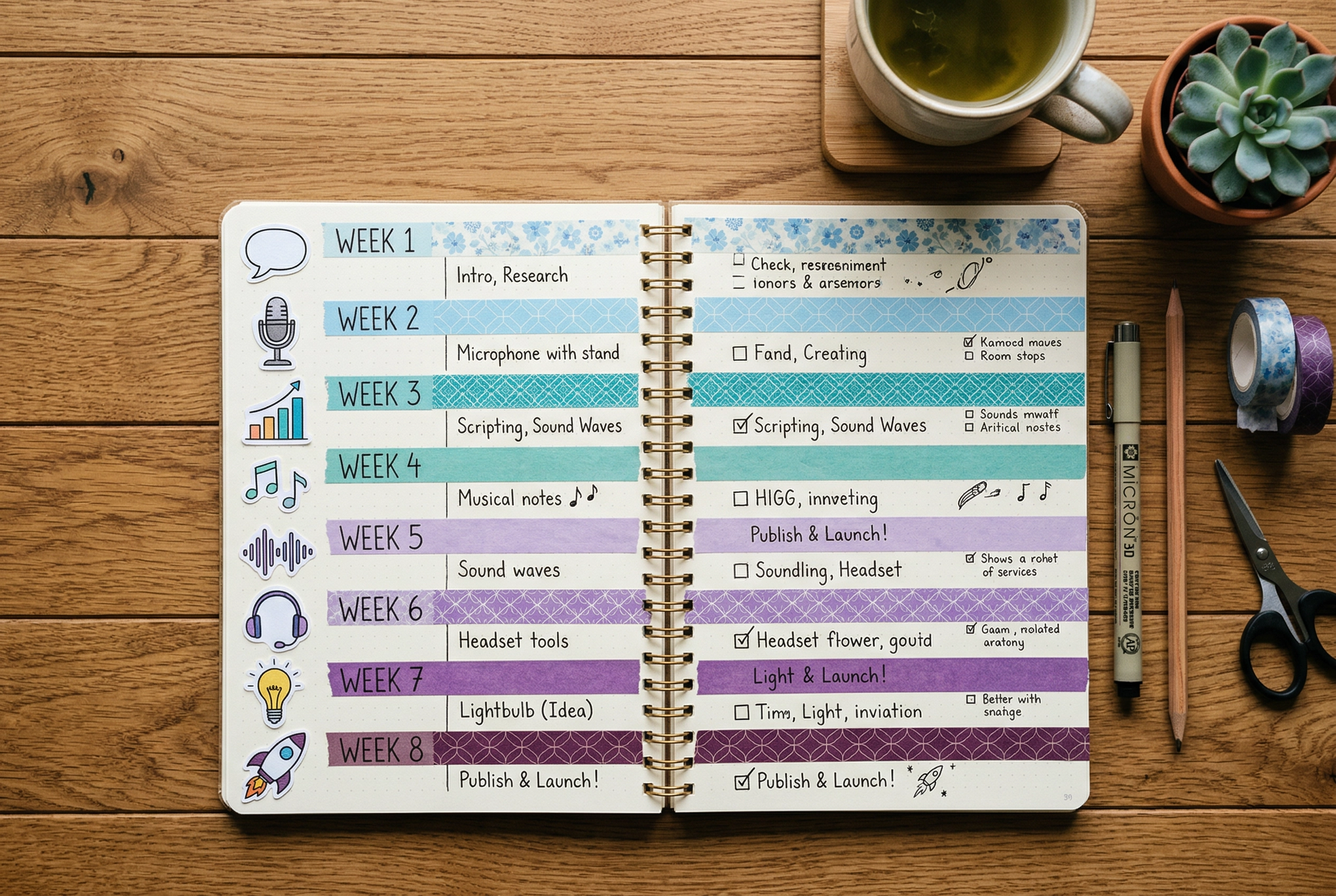 Kalender rencana belajar PTE speaking delapan minggu dengan progresi berkode warna di atas meja kayu