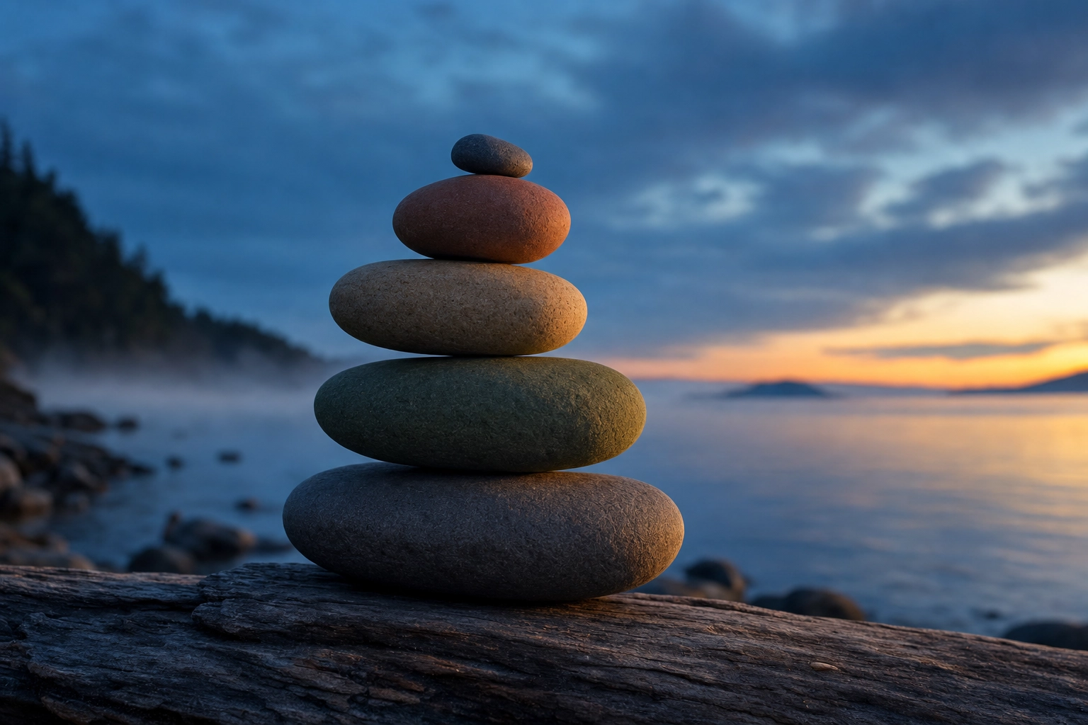 Cairn de cinco pedras cuidadosamente equilibradas em tamanho crescente, representando a escada de palavras do iniciante ao avançado para praticar o som do R americano