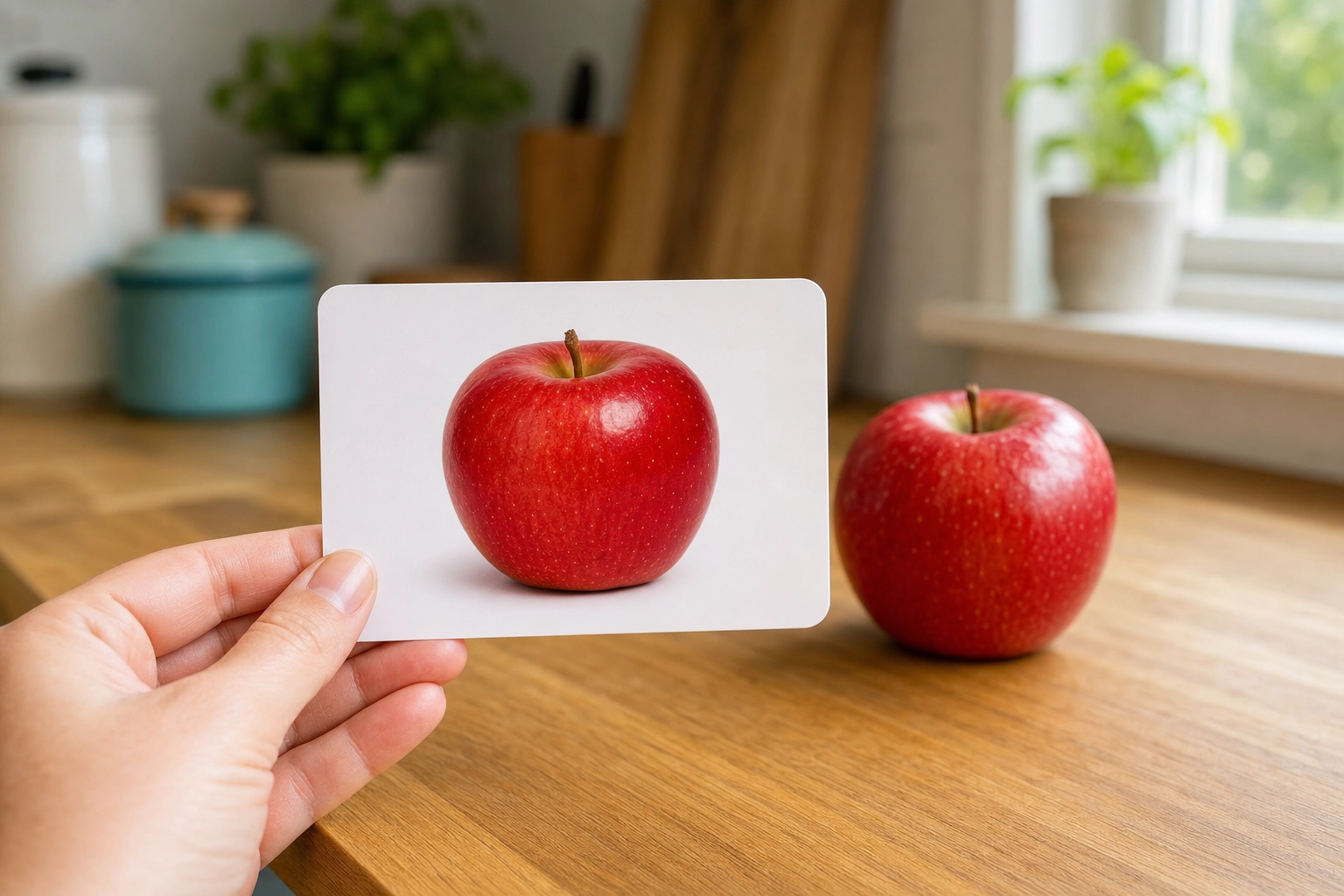 Hand holding a wordless photo card of an apple beside a real apple, illustrating image-based language immersion
