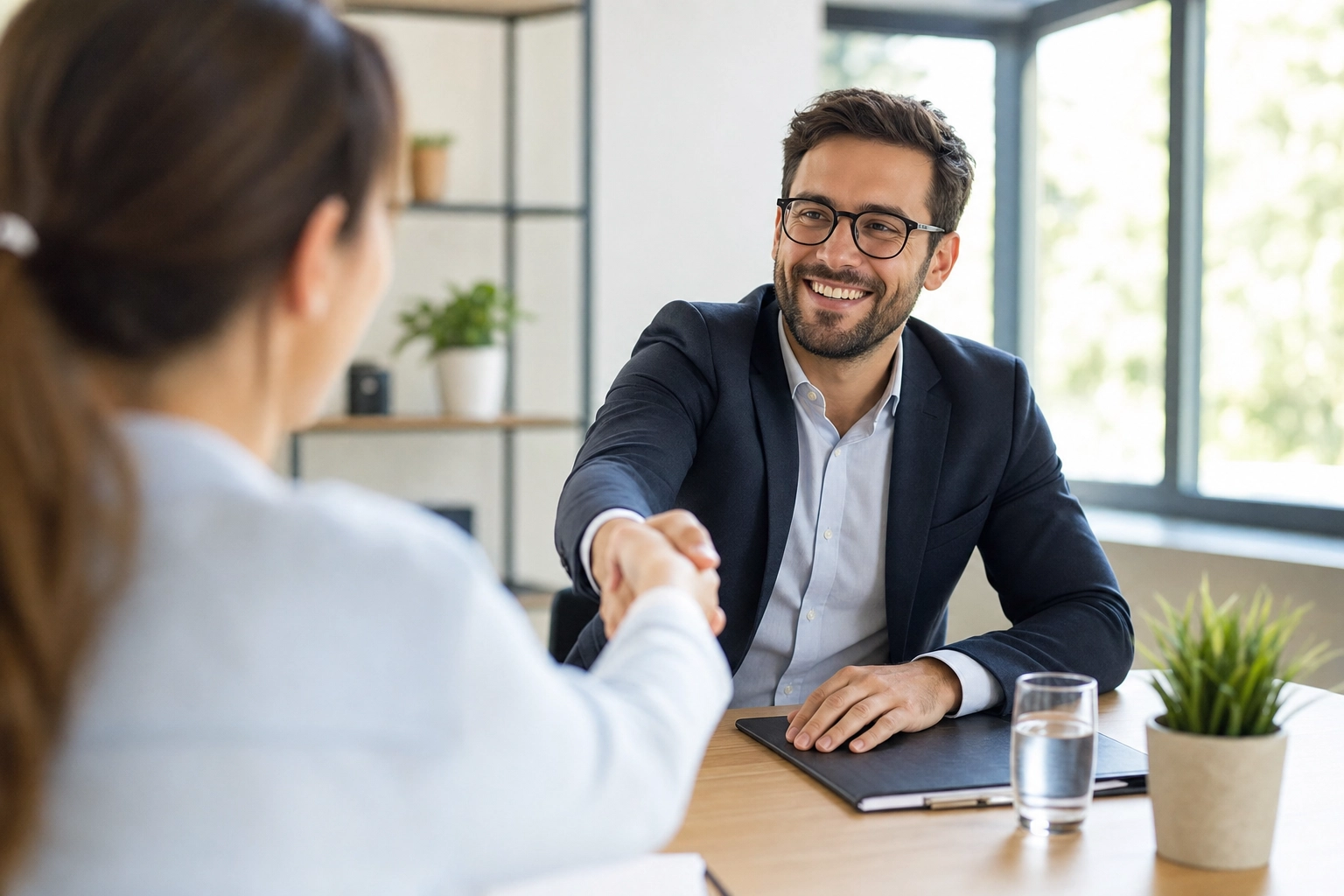 Two professionals shaking hands across a desk in a sunlit office during an English-language job interview