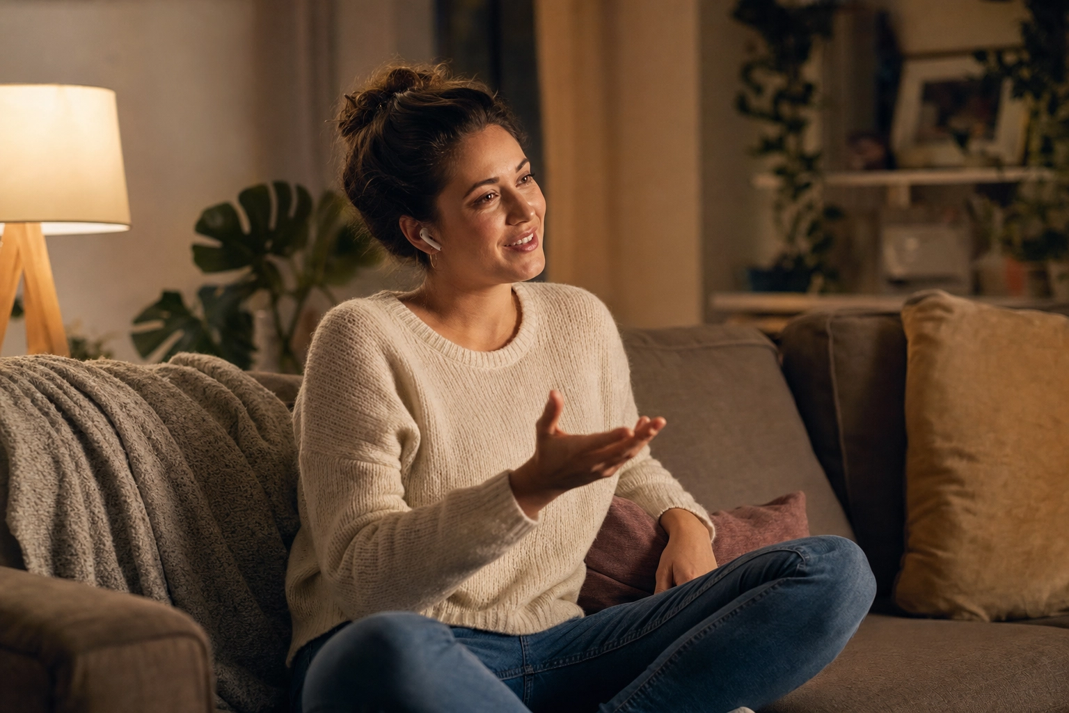 Relaxed woman on a sofa wearing earbuds, smiling mid-conversation while practicing free-form spoken English at home