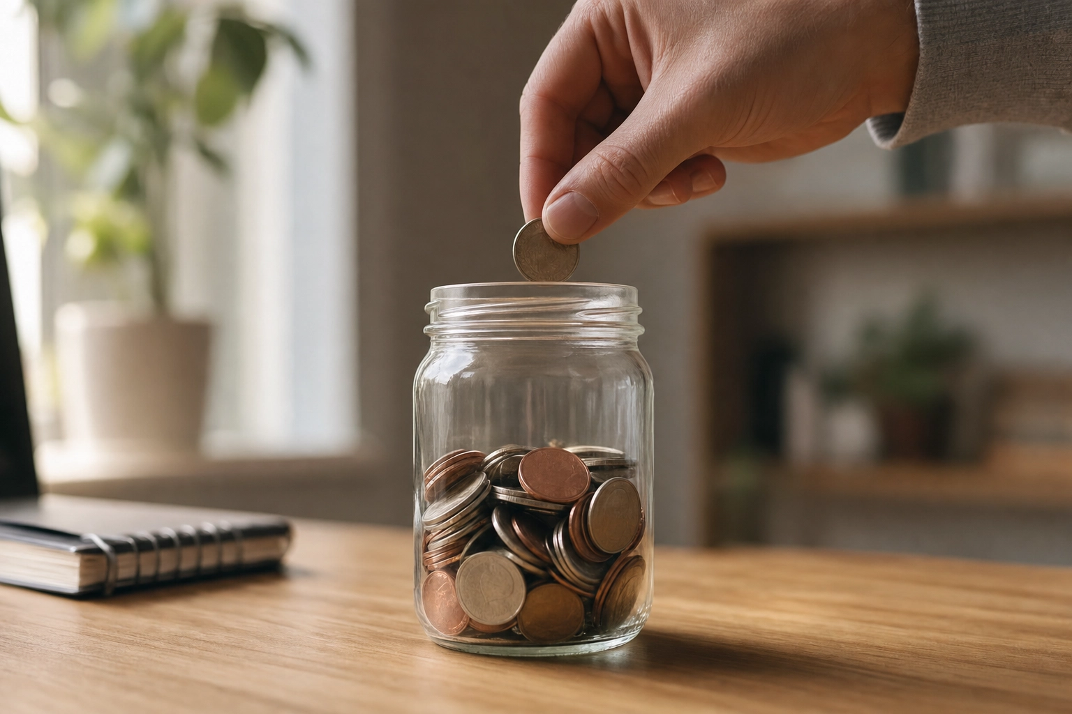 Hand dropping a coin into a clear glass jar of coins, symbolizing weighing language app pricing and lifetime value