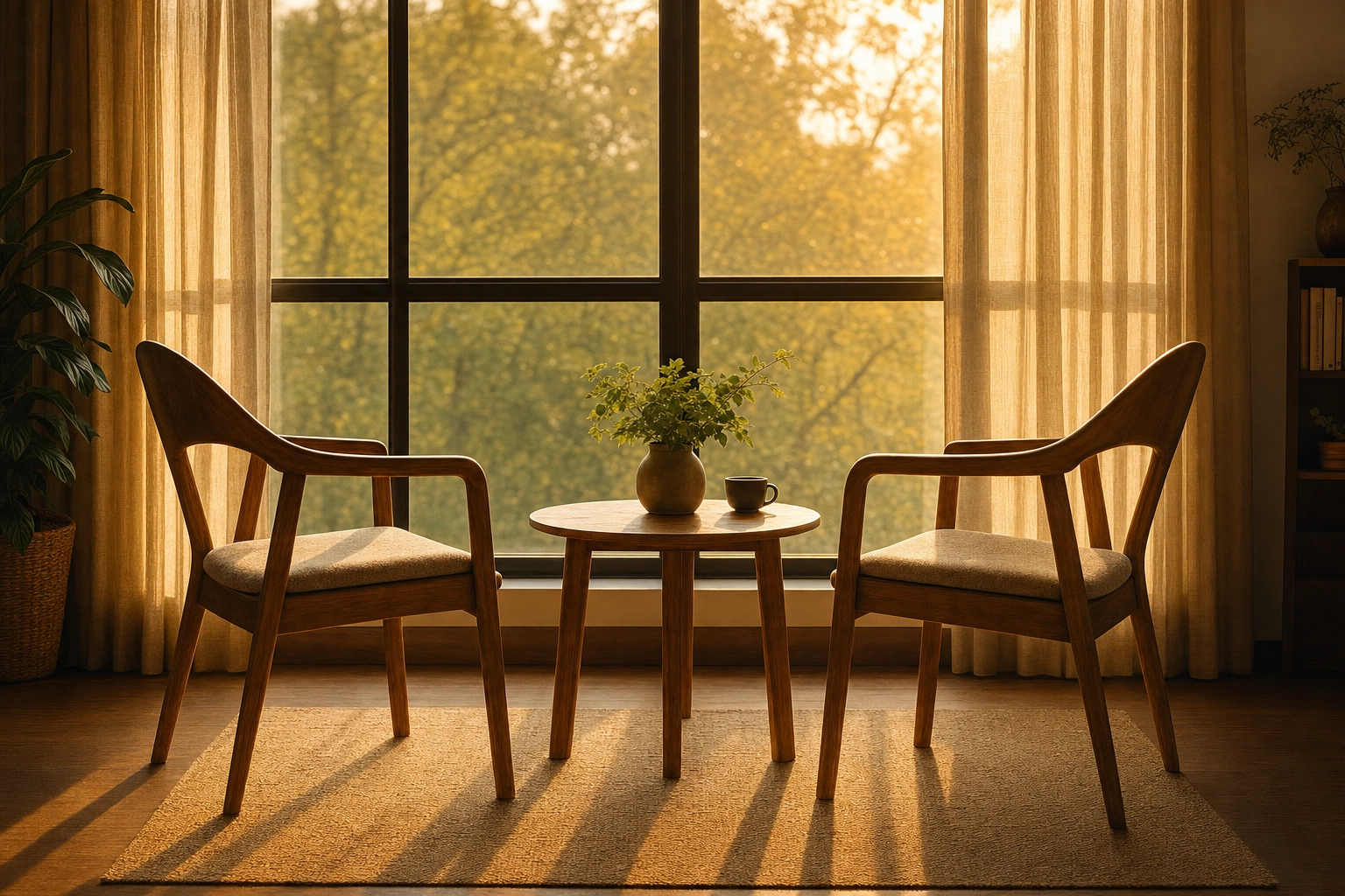 Two empty chairs facing each other by a sunlit window, symbolizing the open two-way conversation Rosetta Stone lacks