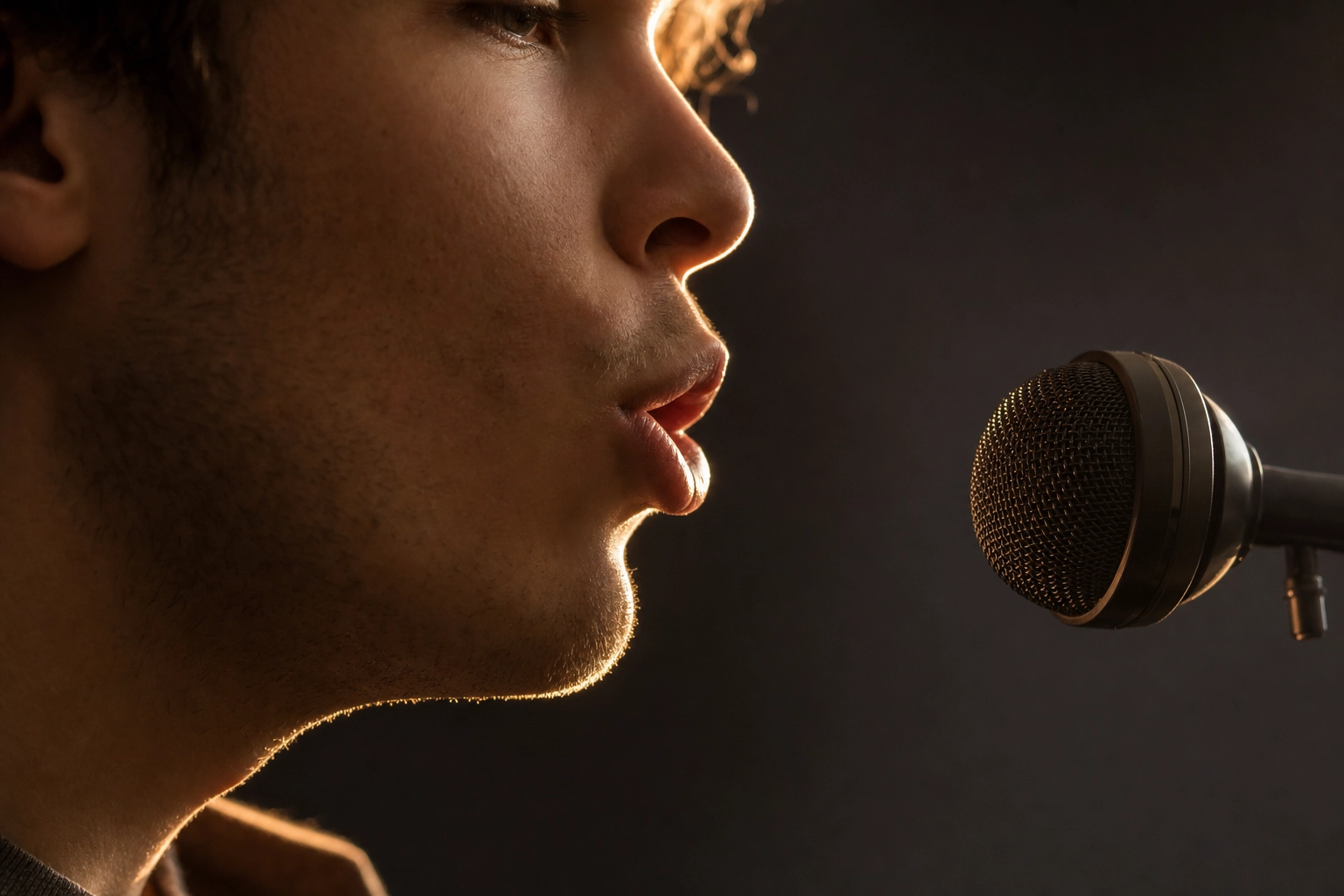 Close-up profile of a man speaking into a microphone, illustrating English pronunciation and speech recognition feedback