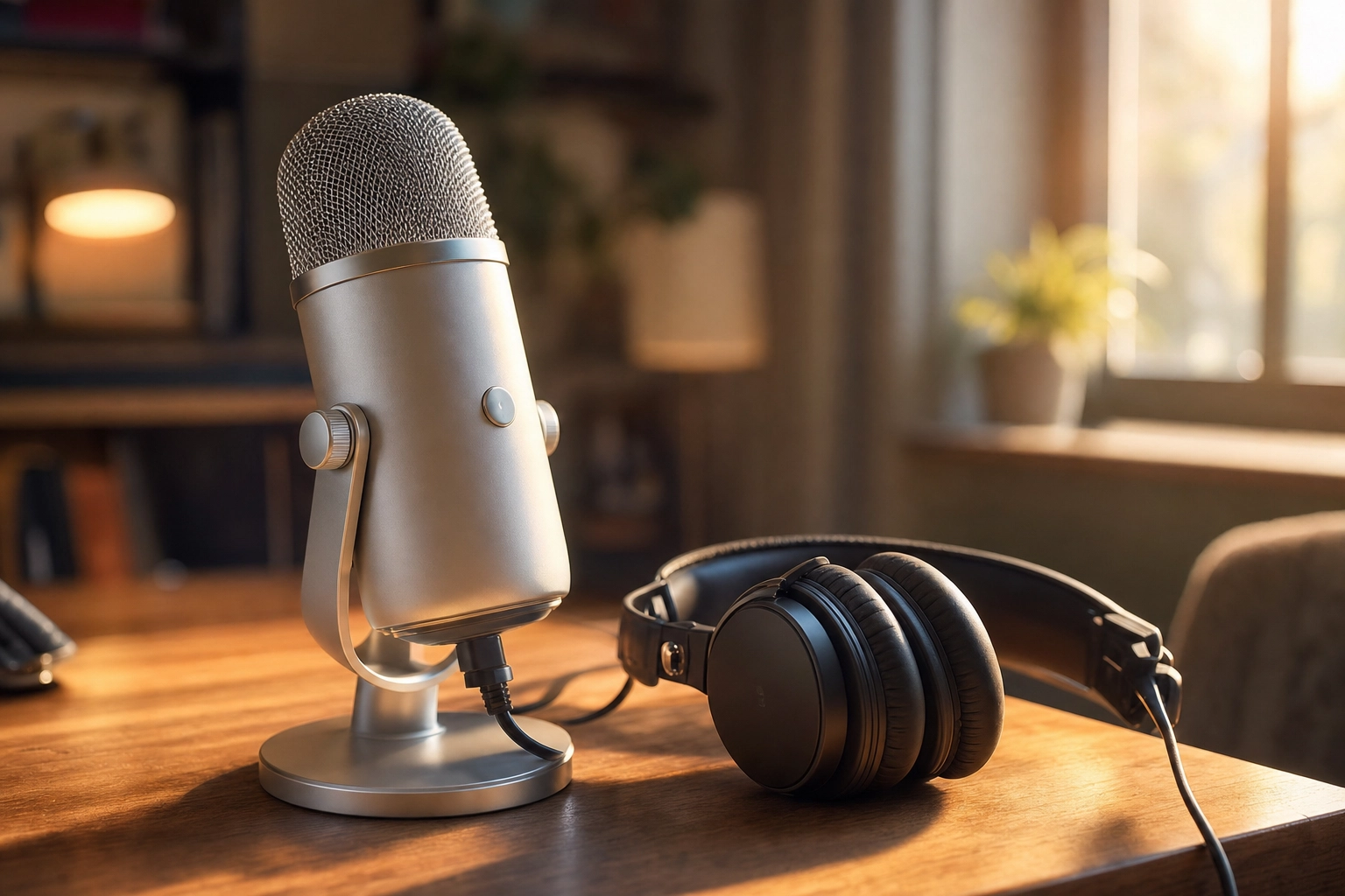 Mikrofon kondensor dan headphone di atas meja kayu, menggambarkan proses merekam dan membandingkan pengucapan serta tekanan bahasa Inggris