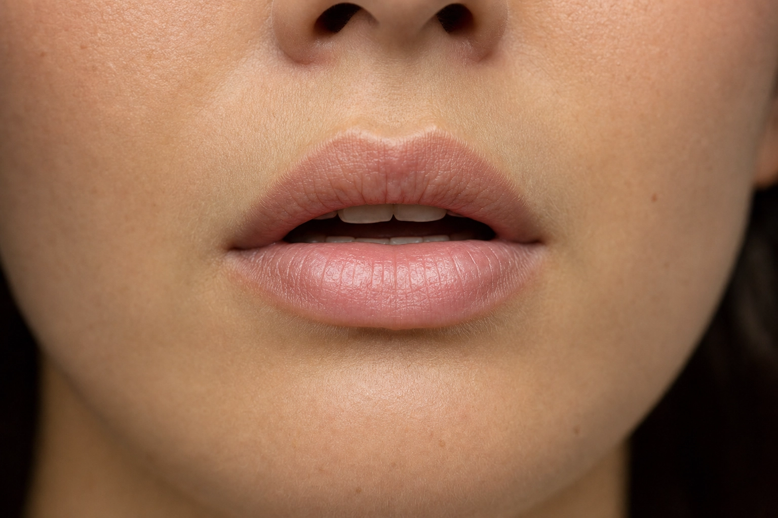 Foto makro jarak dekat bibir yang sedikit terbuka dan rileks dalam posisi madya-tengah netral yang digunakan untuk mengucapkan vokal schwa bahasa Inggris