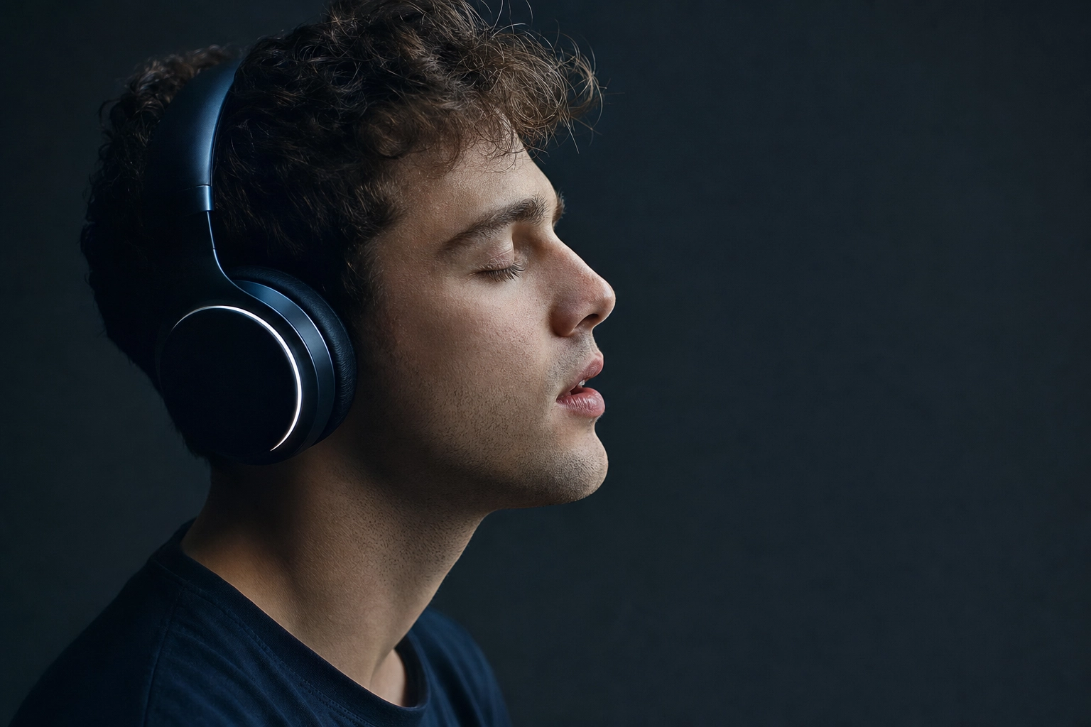 Pria berheadphone yang melakukan shadowing terhadap penutur asli dengan mata terpejam, melatih reduksi schwa dan ritme bahasa Inggris yang alami