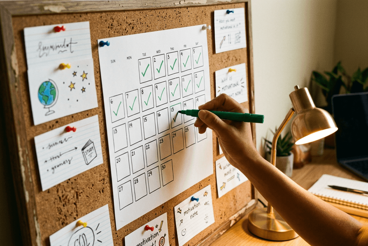 Calendar showing daily checkmarks for a 30-day English shadowing challenge tracking consistent practice progress