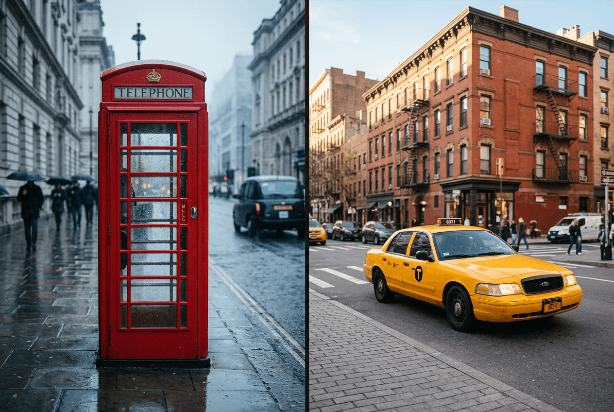 Split image comparing British and American English settings representing the two accent paths for shadowing practice