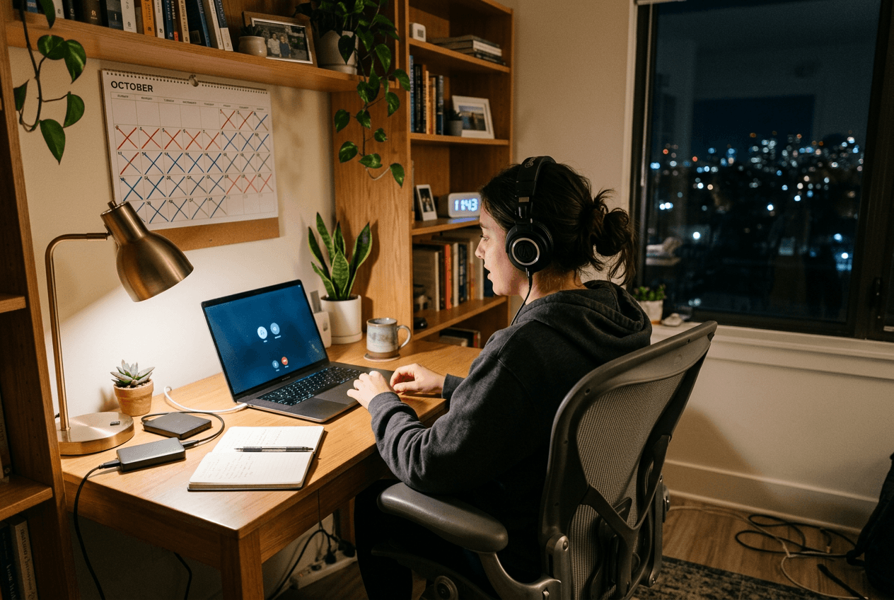 Late-night English practice session at home desk showing dedicated daily shadowing routine with AI conversation