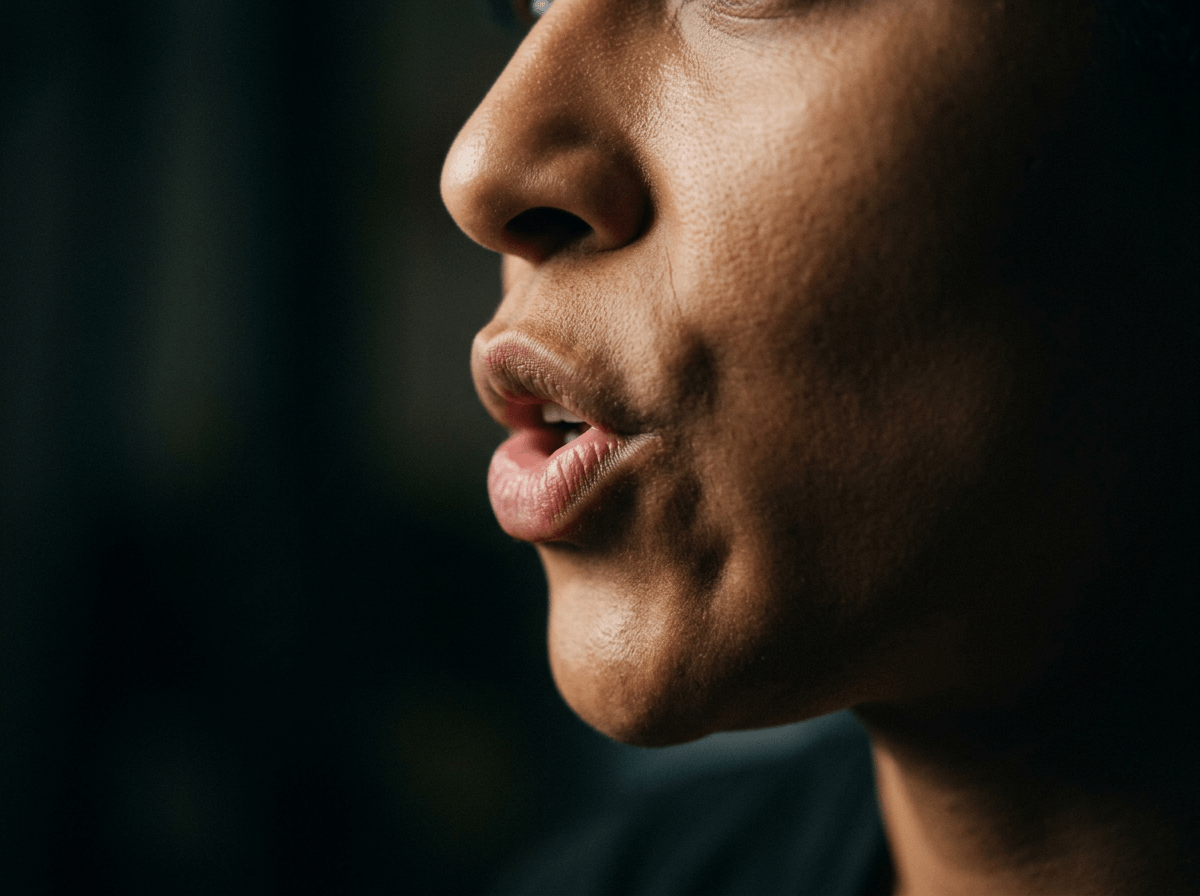 Close-up of mouth muscles forming English sounds during pronunciation practice and shadowing exercises