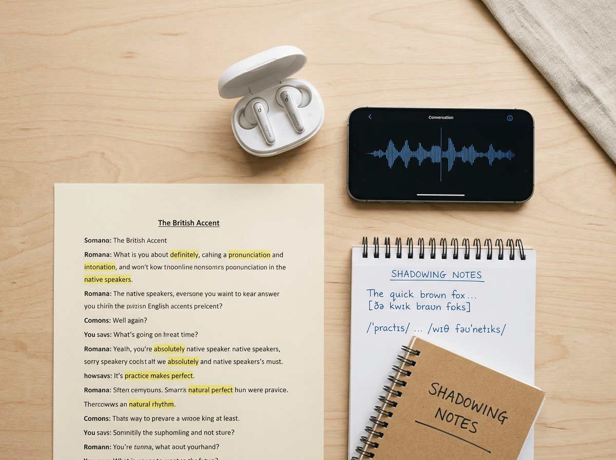 Flat lay of shadowing English practice essentials including earbuds, phone, transcript, and vocabulary notes