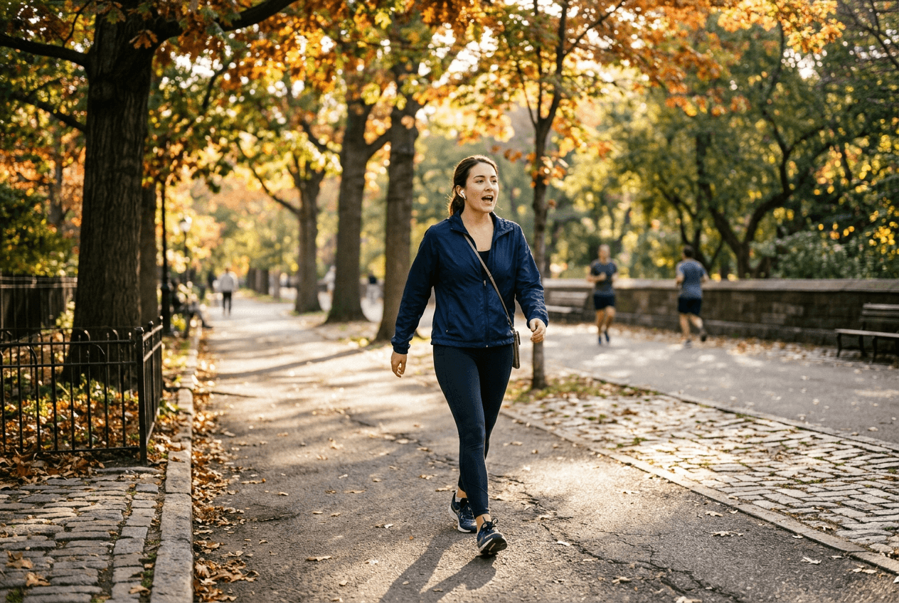 Woman practicing English shadowing technique while walking outdoors with earbuds following the Arguelles method